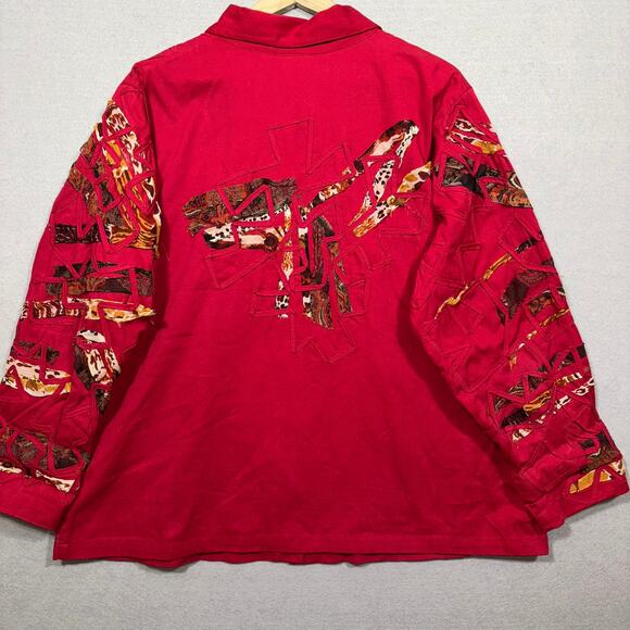 Units Woman Artsy Patchwork Jacket 2X Plus Red Raw Edge Animal Paisley Print - Picture 2 of 7
